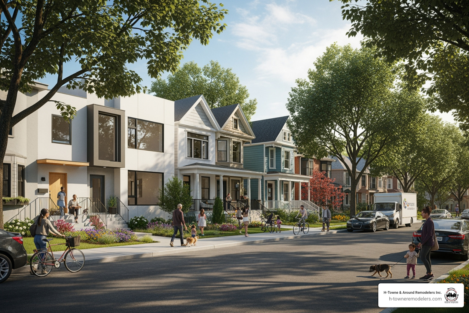 A diverse street with new builds and renovated homes - Residential construction Houston A diverse street with new builds and renovated homes - Residential construction Houston