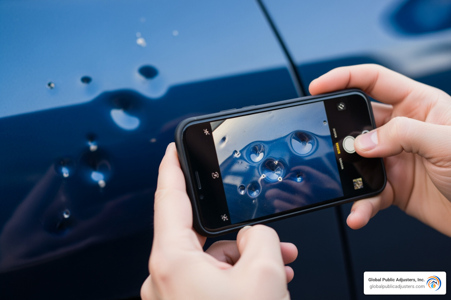 person taking photos of car dents with phone - Auto hail damage claim