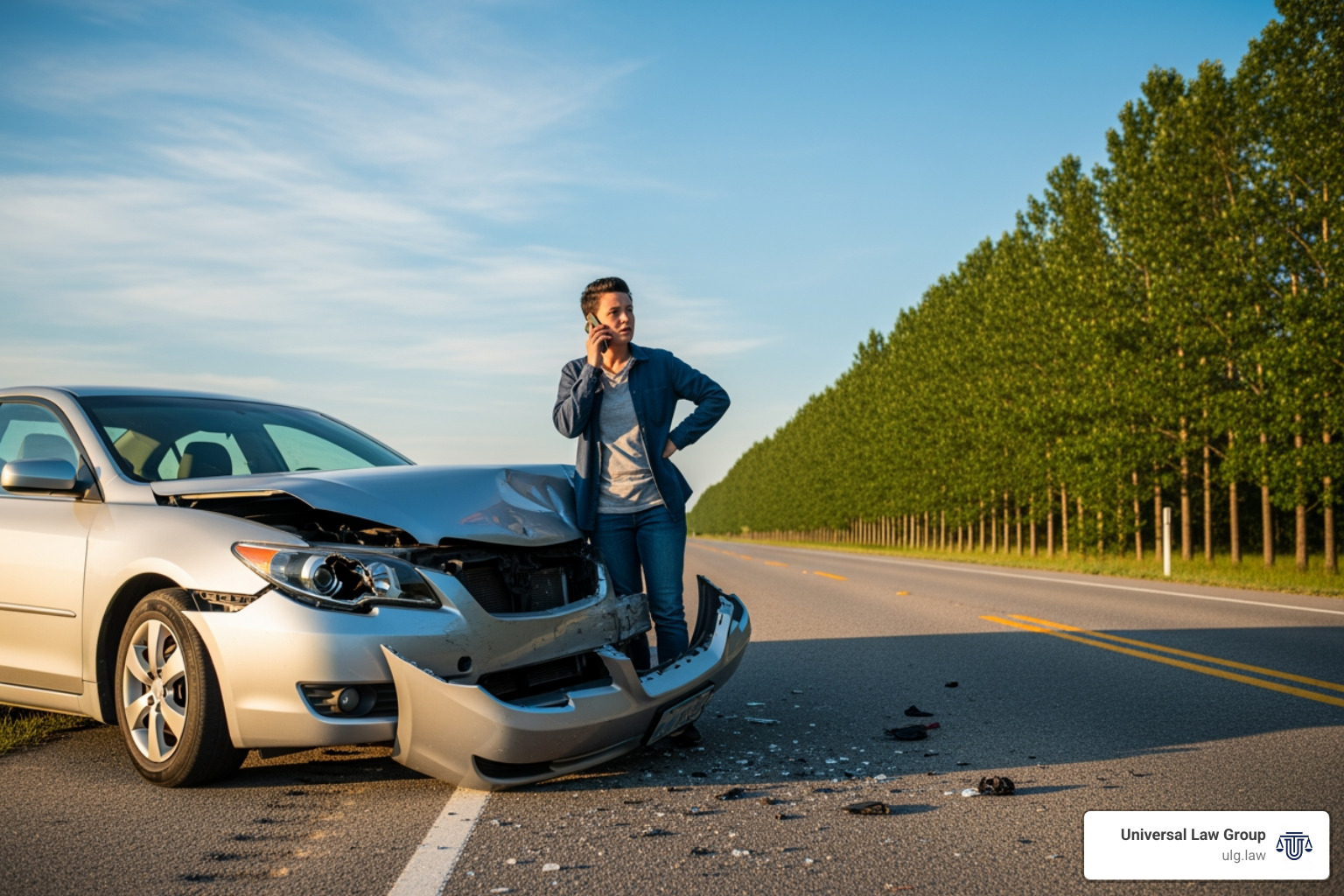 person on the phone by the side of the road after an accident - Houston car accident lawyer