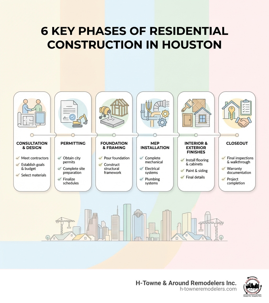 Infographic showing the 6 key phases of residential construction in Houston: 1) Consultation and Design - Meet with contractors, establish goals, budget, and select materials; 2) Permitting - Obtain city permits, complete site preparation, finalize schedules; 3) Foundation and Framing - Pour foundation, construct structural framework; 4) MEP Installation - Complete mechanical, electrical, and plumbing systems; 5) Interior and Exterior Finishes - Install flooring, cabinets, paint, siding, and final details; 6) Closeout - Final inspections, walkthrough, warranty documentation, and project completion - Residential construction Houston infographic Infographic showing the 6 key phases of residential construction in Houston: 1) Consultation and Design - Meet with contractors, establish goals, budget, and select materials; 2) Permitting - Obtain city permits, complete site preparation, finalize schedules; 3) Foundation and Framing - Pour foundation, construct structural framework; 4) MEP Installation - Complete mechanical, electrical, and plumbing systems; 5) Interior and Exterior Finishes - Install flooring, cabinets, paint, siding, and final details; 6) Closeout - Final inspections, walkthrough, warranty documentation, and project completion - Residential construction Houston infographic