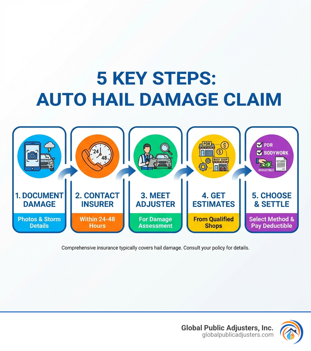 infographic showing the 5 key steps of filing an auto hail damage claim: 1. Document damage with photos and storm details, 2. Contact your insurance company within 24-48 hours, 3. Meet with adjuster for damage assessment, 4. Get repair estimates from qualified shops, 5. Choose repair method and pay deductible for settlement - Auto hail damage claim infographic 