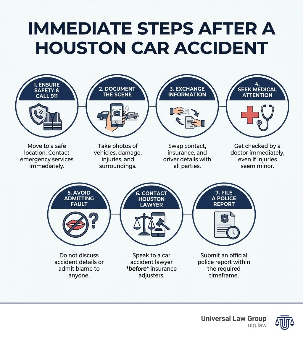 Infographic showing immediate steps after a Houston car accident: 1. Ensure safety and call 911, 2. Document the scene with photos, 3. Exchange information with other drivers, 4. Seek medical attention immediately, 5. Avoid admitting fault or discussing details, 6. Contact a Houston car accident lawyer before speaking to insurance adjusters, 7. File a police report within required timeframe - Houston car accident lawyer infographic 