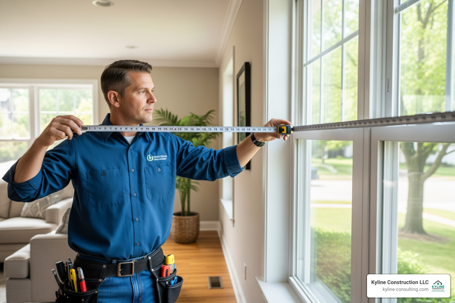 a contractor carefully measuring a window in a Columbus, Ohio home - Free window estimate
