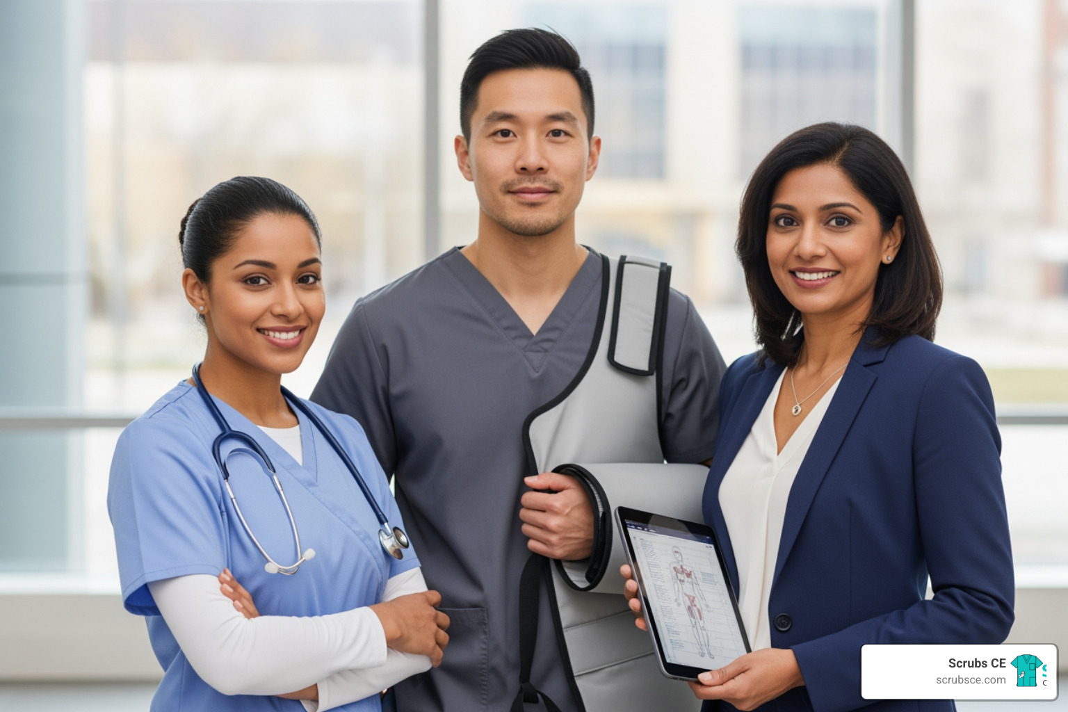 diverse group of professionals, including a nurse, a Radiology technologist, and a healthcare administrator - accredited CE courses diverse group of professionals, including a nurse, a Radiology technologist, and a healthcare administrator - accredited CE courses