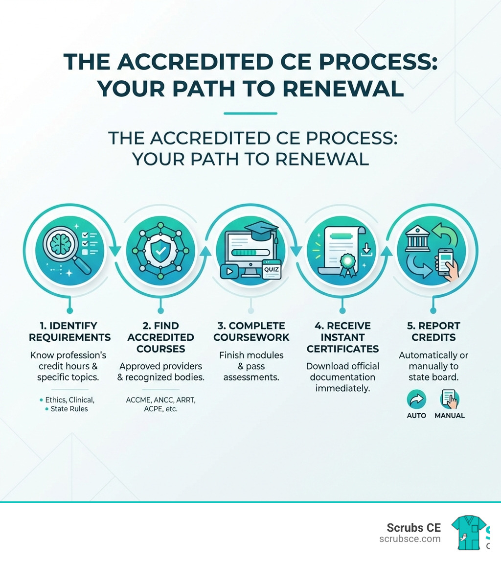Infographic showing the accredited CE process: 1. Identify your profession's requirements including credit hours and specific topics 2. Find courses from accredited providers approved by bodies like ACCME ANCC ARRT or ACPE 3. Complete coursework and pass assessments 4. Receive instant certificates 5. Report credits to your state board automatically or manually - accredited CE courses infographic Infographic showing the accredited CE process: 1. Identify your profession's requirements including credit hours and specific topics 2. Find courses from accredited providers approved by bodies like ACCME ANCC ARRT or ACPE 3. Complete coursework and pass assessments 4. Receive instant certificates 5. Report credits to your state board automatically or manually - accredited CE courses infographic