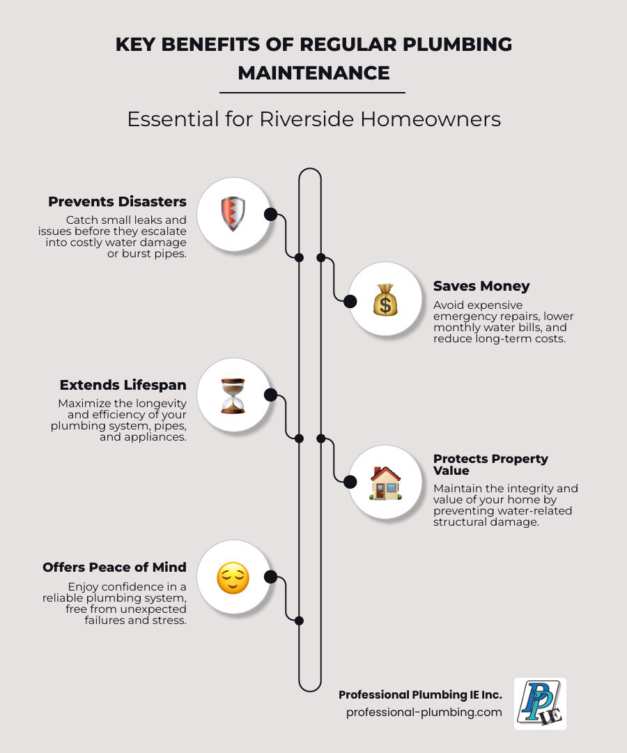 infographic showing three pillars: Prevents Disasters (burst pipe icon with red X), Saves Money (dollar sign with downward arrow showing reduced bills), and Extends Lifespan (water heater with +25% lifespan indicator) - plumbing maintenance riverside infographic infographic-line-5-steps-elegant_beige infographic showing three pillars: Prevents Disasters (burst pipe icon with red X), Saves Money (dollar sign with downward arrow showing reduced bills), and Extends Lifespan (water heater with +25% lifespan indicator) - plumbing maintenance riverside infographic infographic-line-5-steps-elegant_beige