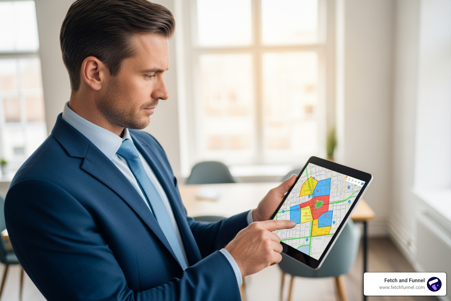 Real estate agent looking at a tablet displaying multiple geofenced locations - Geofencing for real estate Real estate agent looking at a tablet displaying multiple geofenced locations - Geofencing for real estate