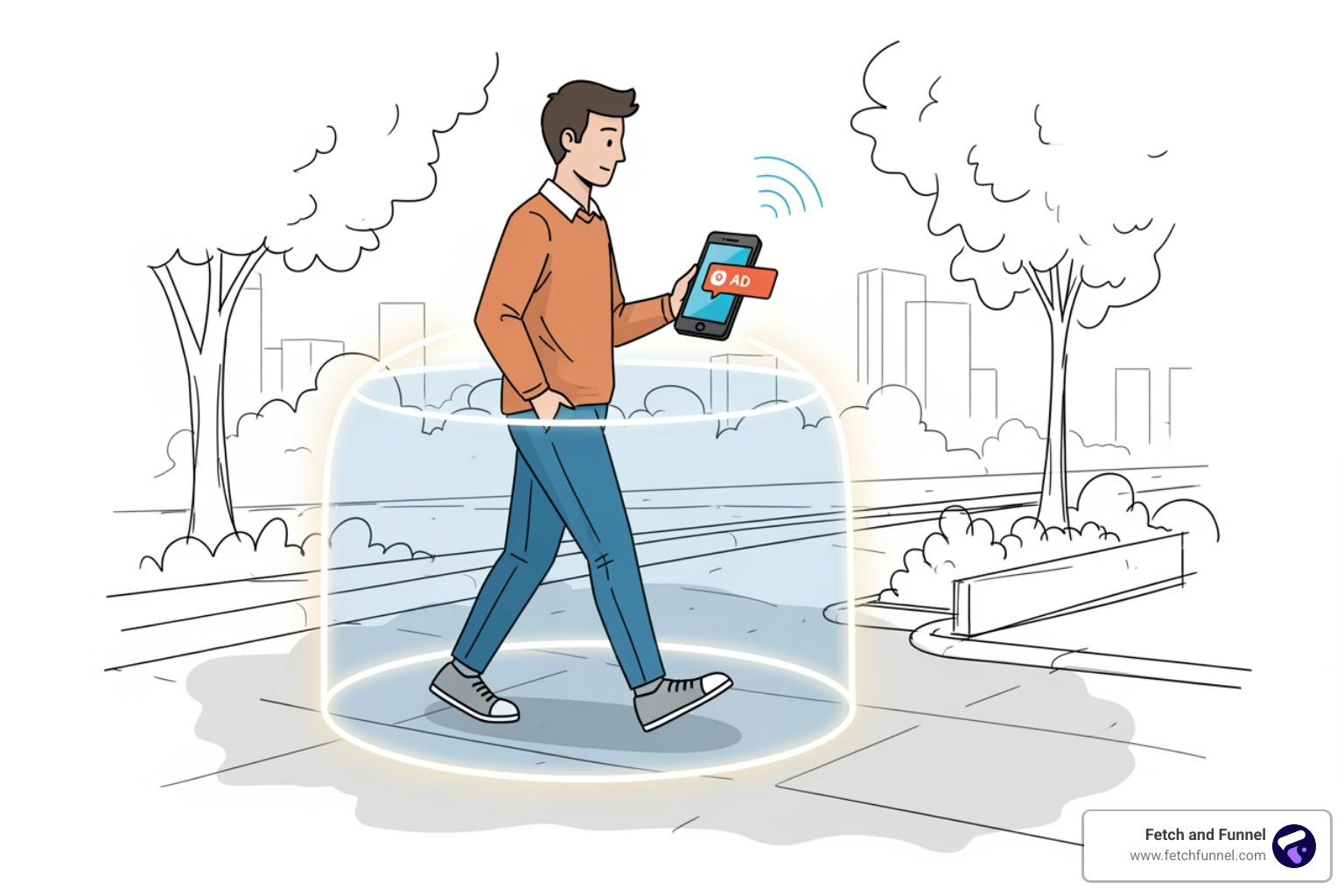 Diagram showing how geofencing works: 1. Virtual boundary is set, 2. User enters the area, 3. Ad is triggered on their mobile device - Geofencing for real estate Diagram showing how geofencing works: 1. Virtual boundary is set, 2. User enters the area, 3. Ad is triggered on their mobile device - Geofencing for real estate