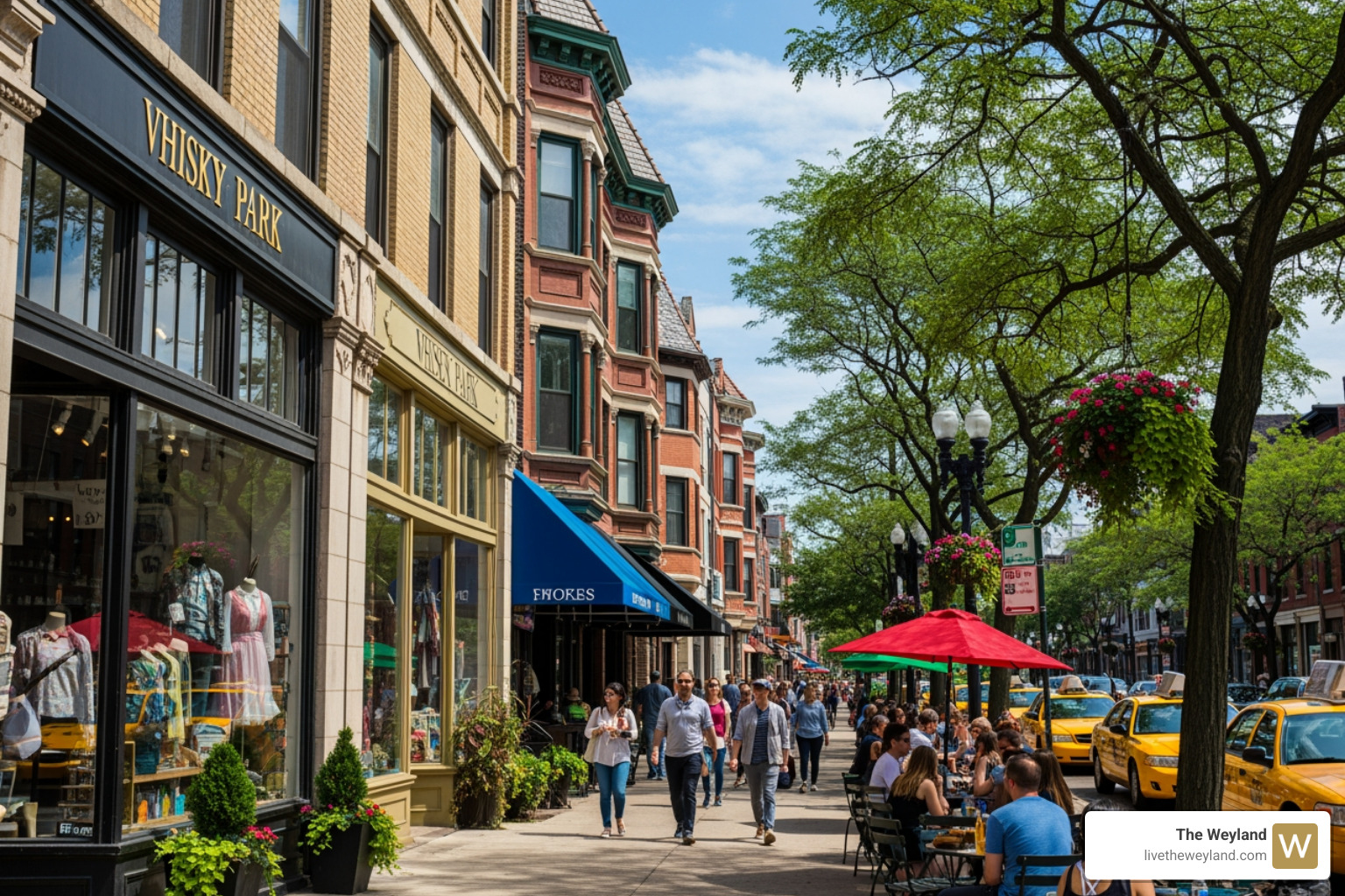 A lively street scene in Wicker Park, showcasing boutique shops, cafes, and historic architecture - Chicago luxury rentals