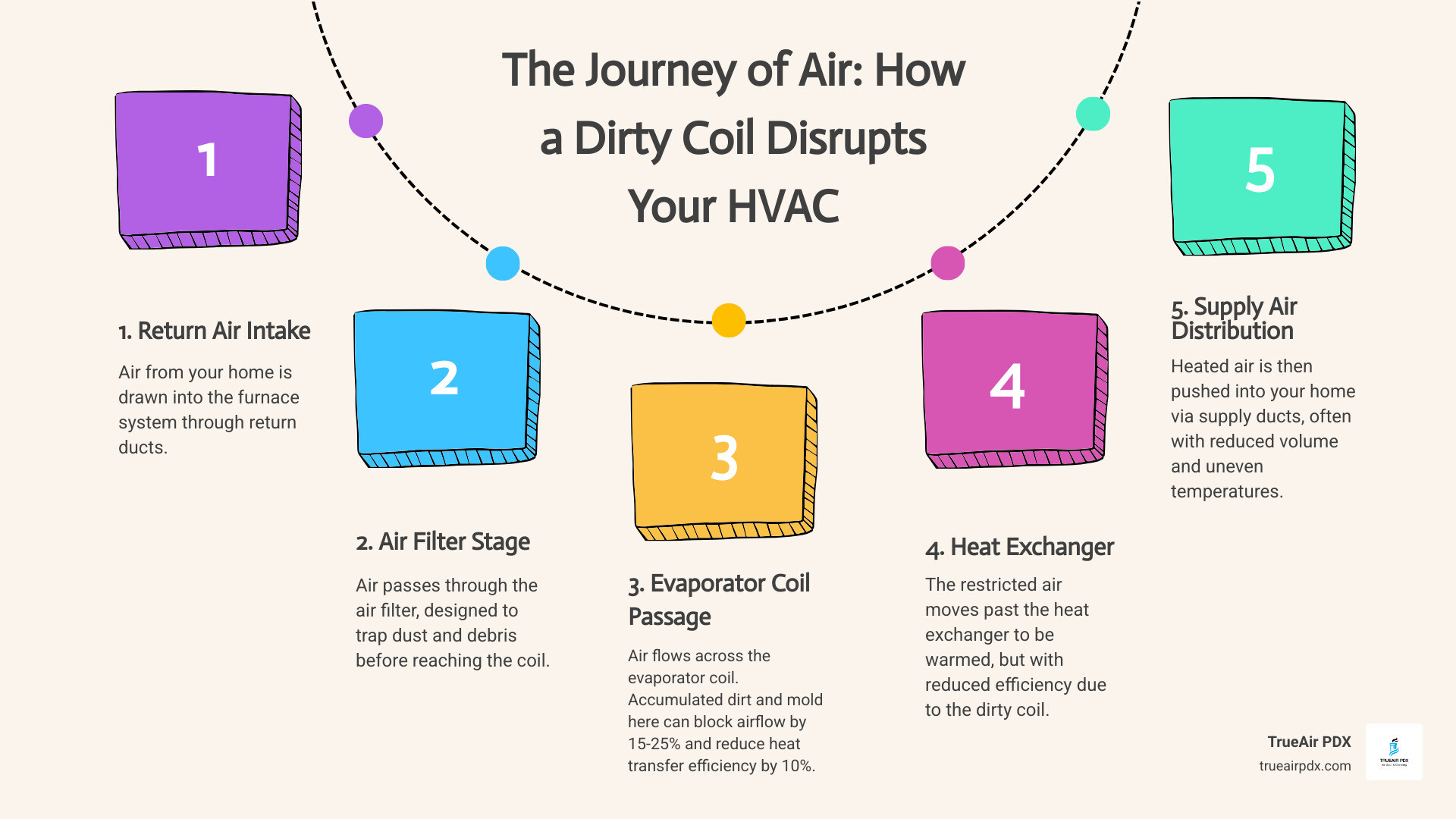 Infographic showing the path of air through a furnace system: air enters through return duct, passes through air filter, flows across evaporator coil with hundreds of small passages, moves past heat exchanger, and exits through supply ducts to home. Highlights show where dirt accumulates on coil fins and how this blocks airflow by 15-25% while reducing heat transfer efficiency by 10%. - dirty furnace coil infographic process-5-steps-informal Infographic showing the path of air through a furnace system: air enters through return duct, passes through air filter, flows across evaporator coil with hundreds of small passages, moves past heat exchanger, and exits through supply ducts to home. Highlights show where dirt accumulates on coil fins and how this blocks airflow by 15-25% while reducing heat transfer efficiency by 10%. - dirty furnace coil infographic process-5-steps-informal