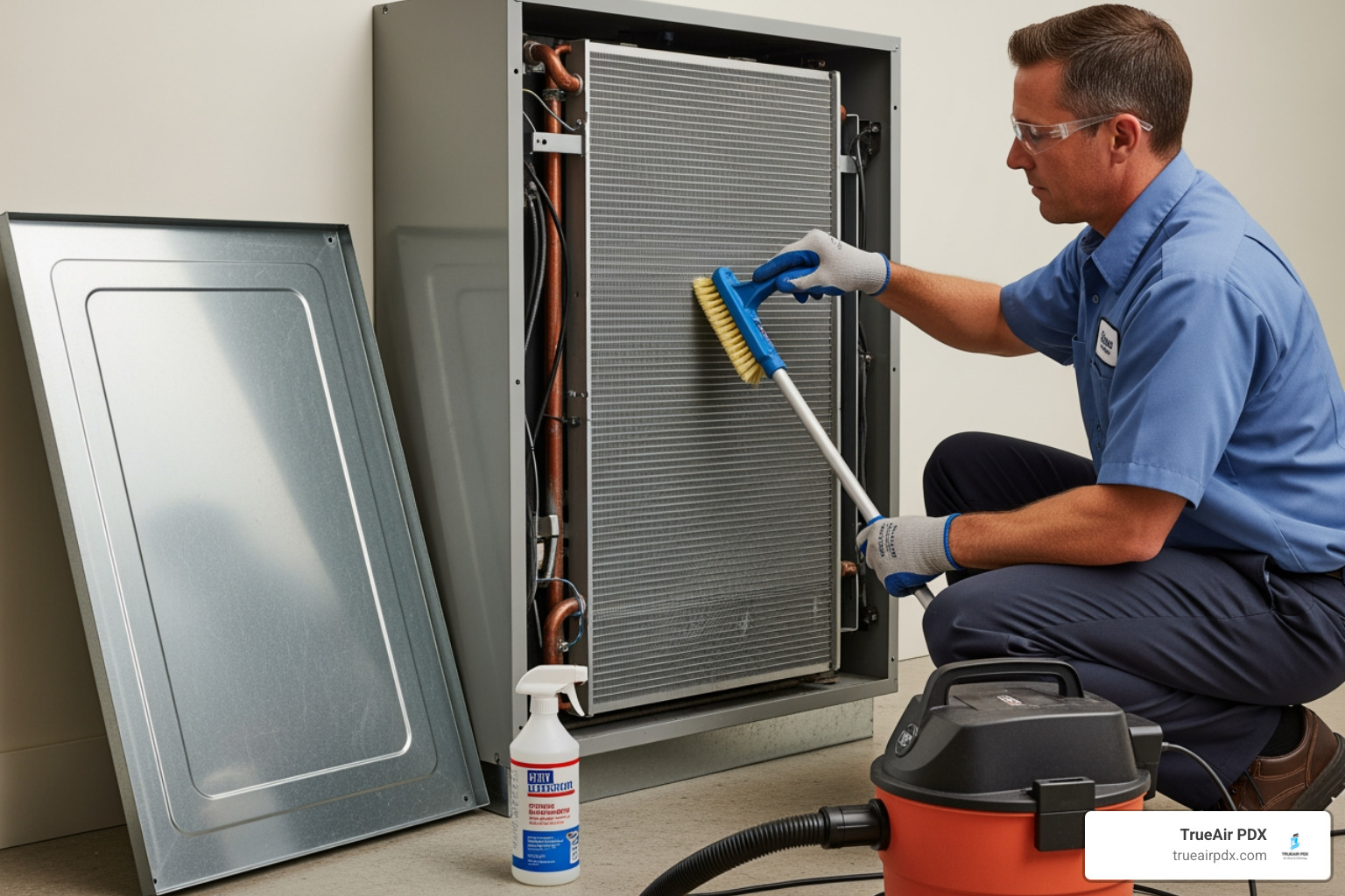 of an HVAC technician professionally cleaning an evaporator coil - dirty furnace coil of an HVAC technician professionally cleaning an evaporator coil - dirty furnace coil