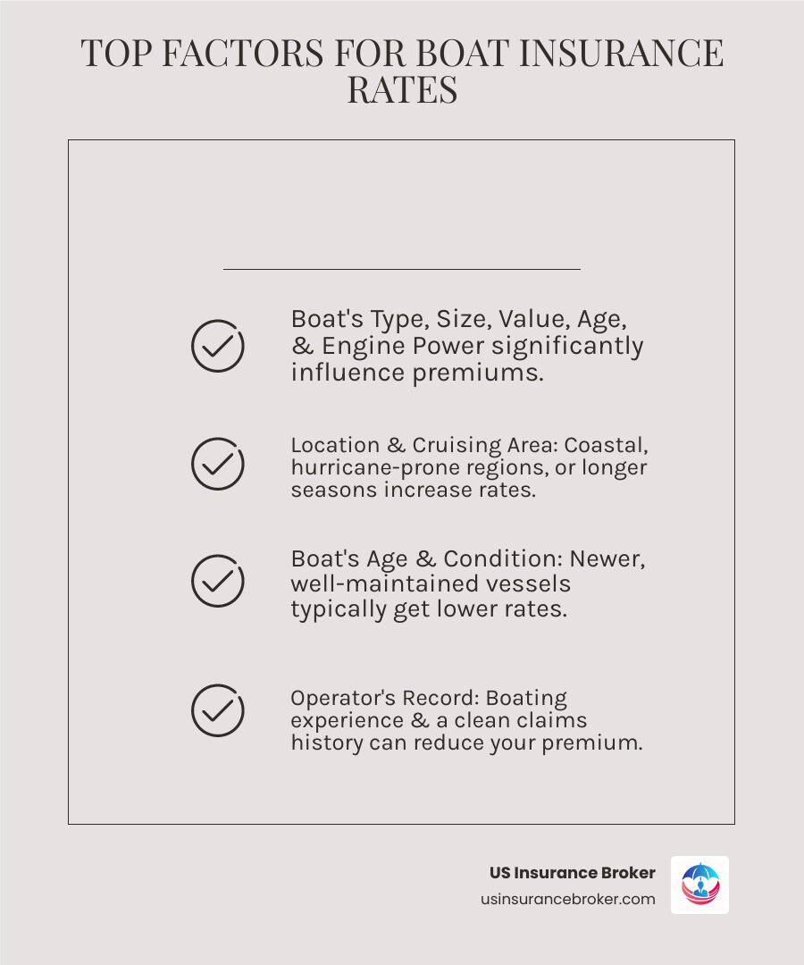 Infographic showing the top 5 factors affecting boat insurance rates: 1. Boat Type and Value (speedboats and yachts cost more than fishing boats), 2. Location and Cruising Area (coastal and hurricane-prone areas increase rates), 3. Boat Age and Condition (newer boats in good condition cost less), 4. Engine Power and Type (higher horsepower increases premiums), 5. Operator Experience and Claims History (experienced boaters with clean records pay less) - boat insurance rates infographic checklist-light-beige Infographic showing the top 5 factors affecting boat insurance rates: 1. Boat Type and Value (speedboats and yachts cost more than fishing boats), 2. Location and Cruising Area (coastal and hurricane-prone areas increase rates), 3. Boat Age and Condition (newer boats in good condition cost less), 4. Engine Power and Type (higher horsepower increases premiums), 5. Operator Experience and Claims History (experienced boaters with clean records pay less) - boat insurance rates infographic checklist-light-beige