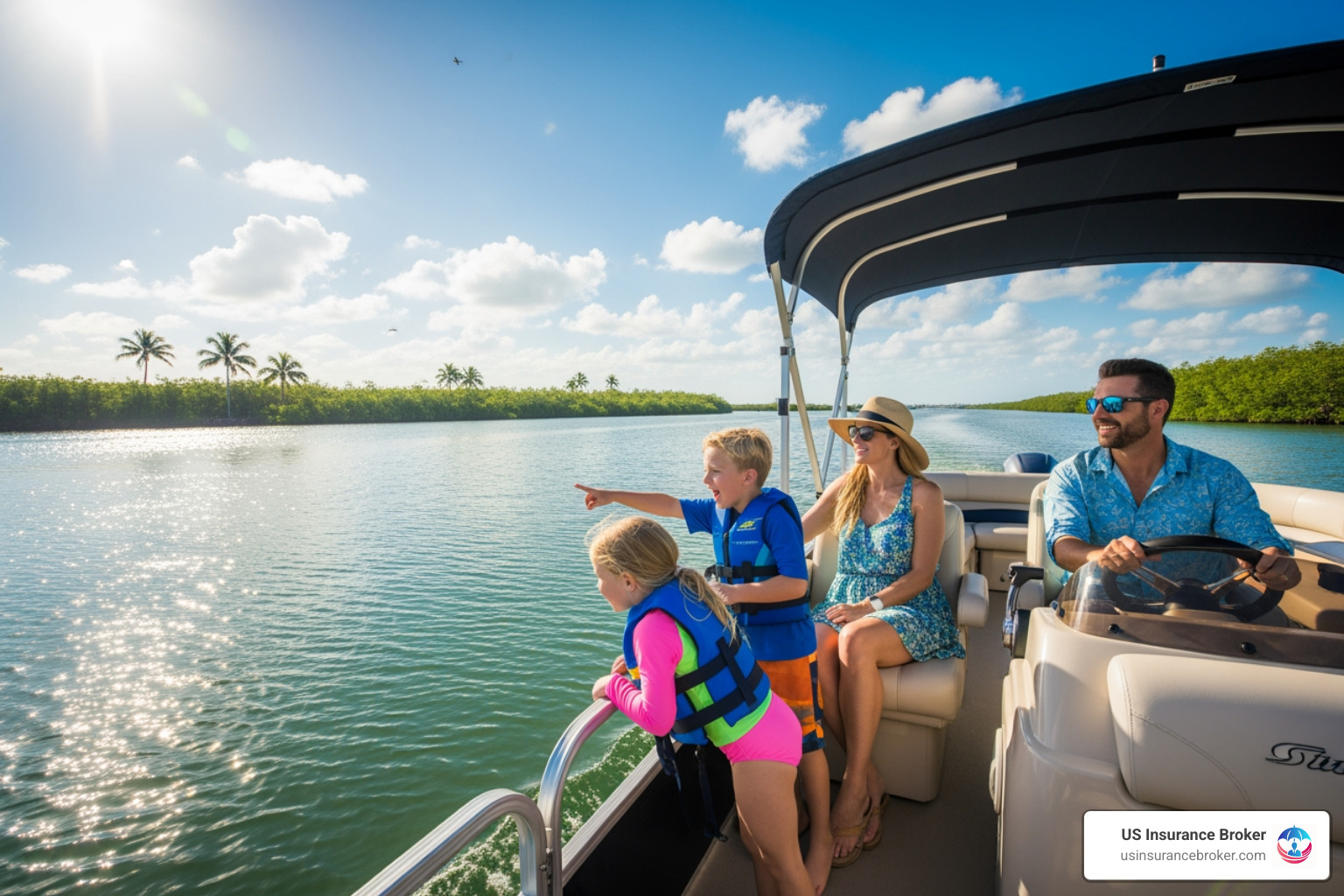 family enjoying a sunny day on a pontoon boat in a Florida waterway - boat insurance rates family enjoying a sunny day on a pontoon boat in a Florida waterway - boat insurance rates
