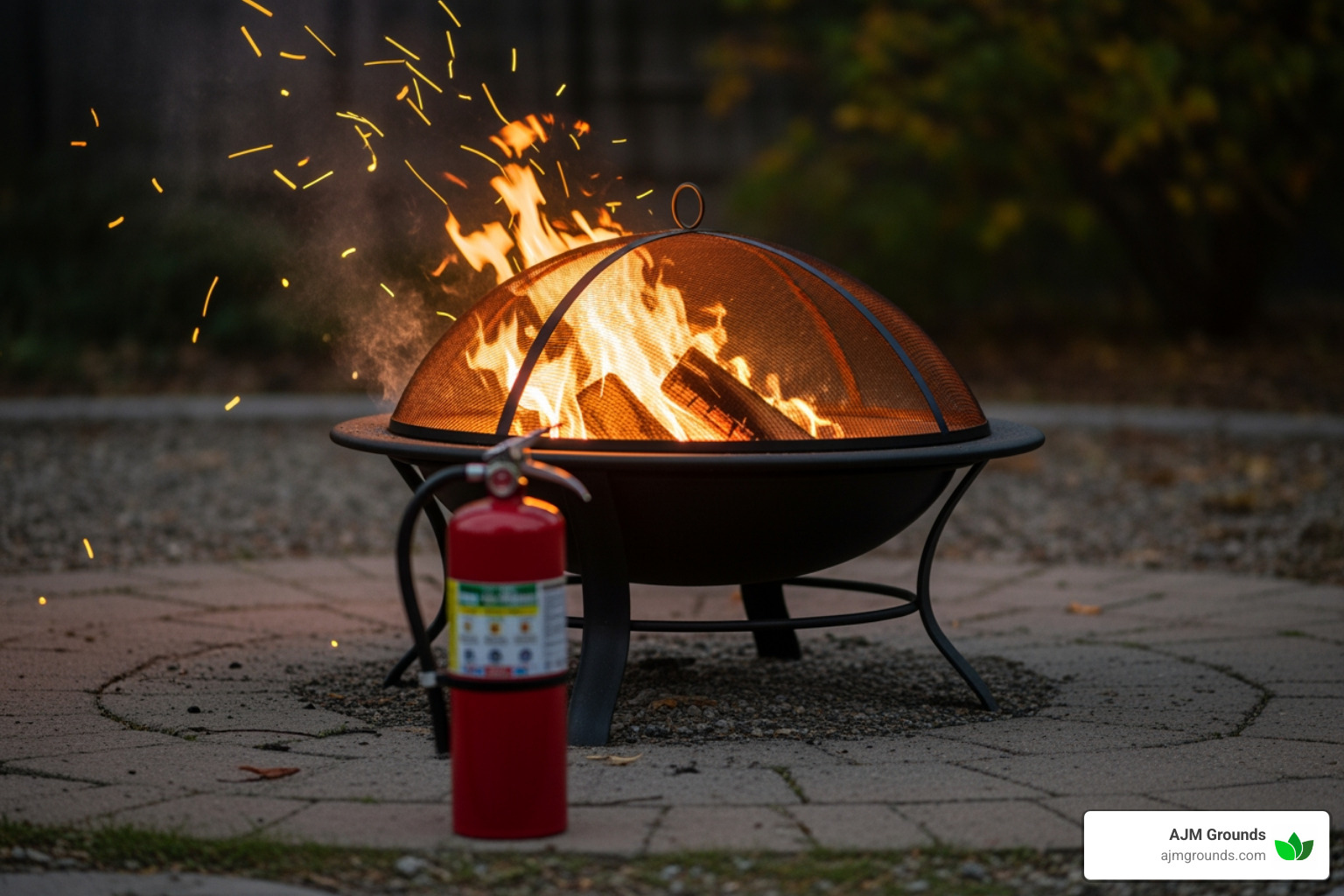 fire pit with spark screen and fire extinguisher - Burlington outdoor fire pit