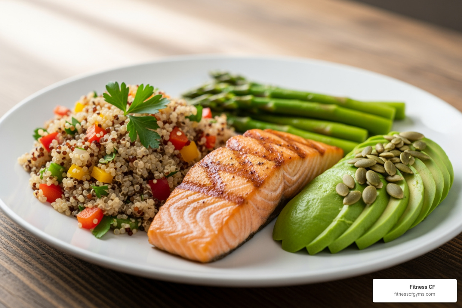 A plate balanced with lean protein, complex carbs, and healthy fats - nutrition tips for building muscle