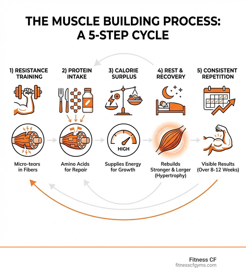 Infographic showing the muscle building process: 1) Resistance training creates micro-tears in muscle fibers, 2) Adequate protein intake provides amino acids for repair, 3) Calorie surplus supplies energy for growth, 4) Rest and recovery allow muscles to rebuild stronger and larger (hypertrophy), 5) Consistent repetition over 8-12 weeks produces visible results - nutrition tips for building muscle infographic 