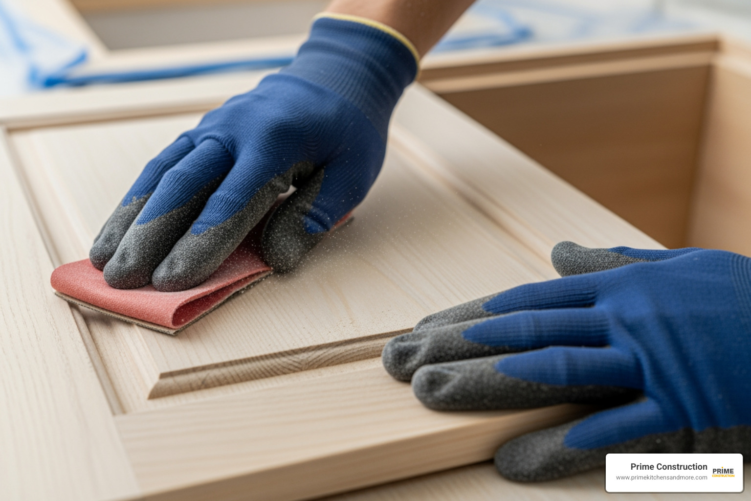 painter carefully sanding a cabinet door - Cabinet painting Apopka FL