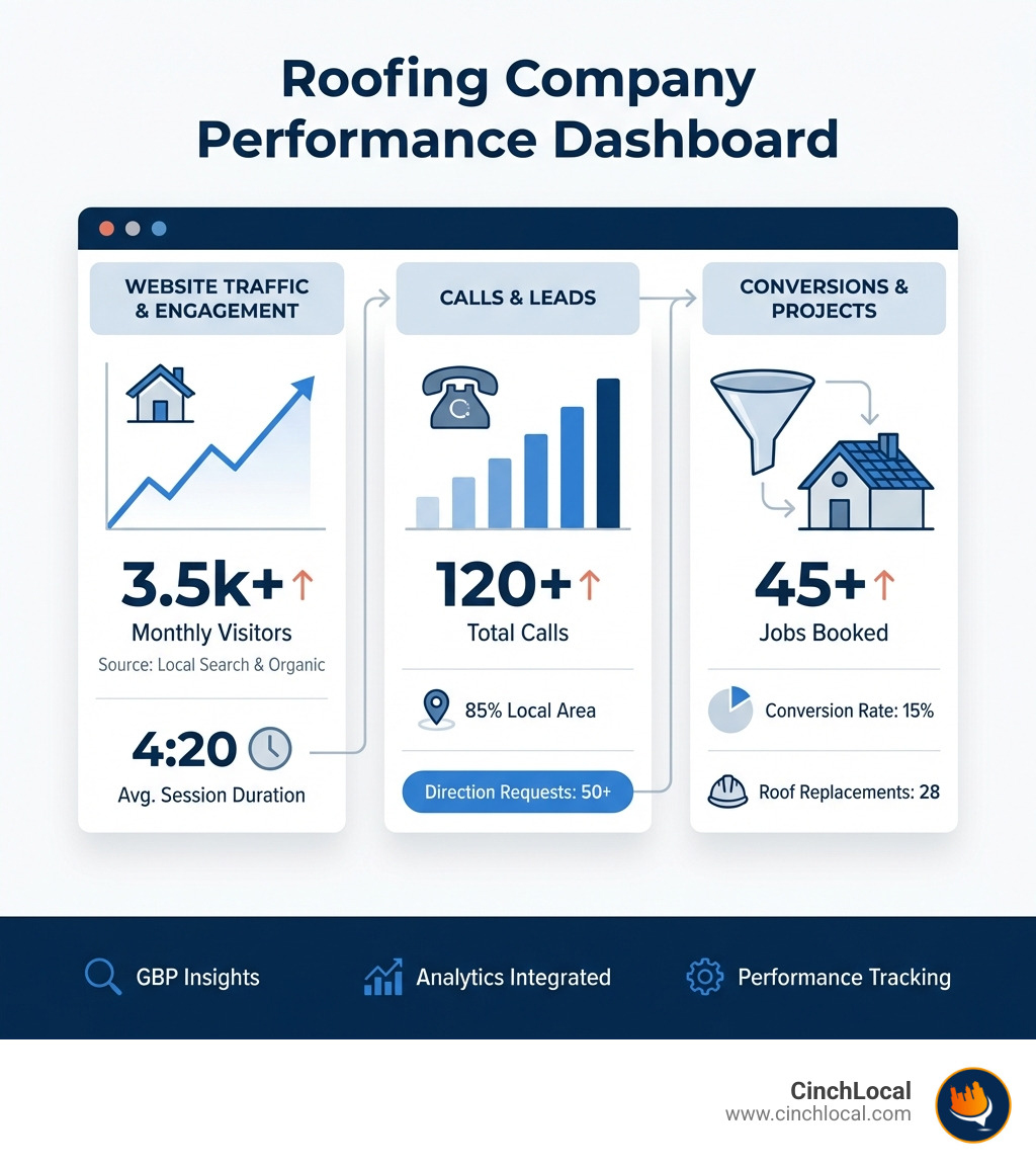 Infographic showing a dashboard with various metrics like website traffic, calls, and conversions, specifically for a roofing company - google maps 3 pack infographic 