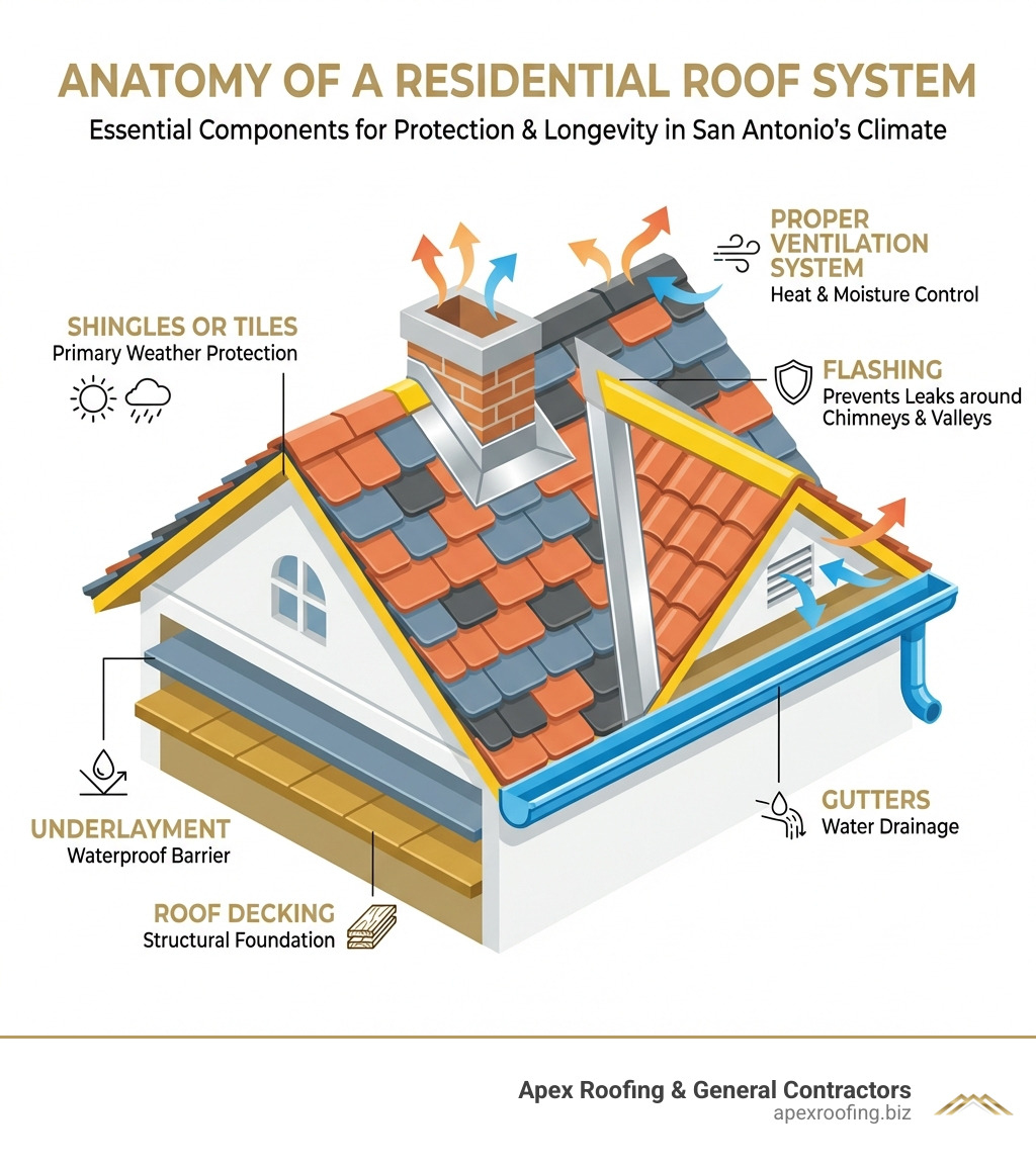 Infographic showing the anatomy of a residential roof system with labeled components: roof decking as the structural foundation, underlayment as the waterproof barrier, shingles or tiles as the primary weather protection, flashing around chimneys and valleys to prevent leaks, proper ventilation system for heat and moisture control, and gutters for water drainage - residential roofing in san antonio infographic Infographic showing the anatomy of a residential roof system with labeled components: roof decking as the structural foundation, underlayment as the waterproof barrier, shingles or tiles as the primary weather protection, flashing around chimneys and valleys to prevent leaks, proper ventilation system for heat and moisture control, and gutters for water drainage - residential roofing in san antonio infographic