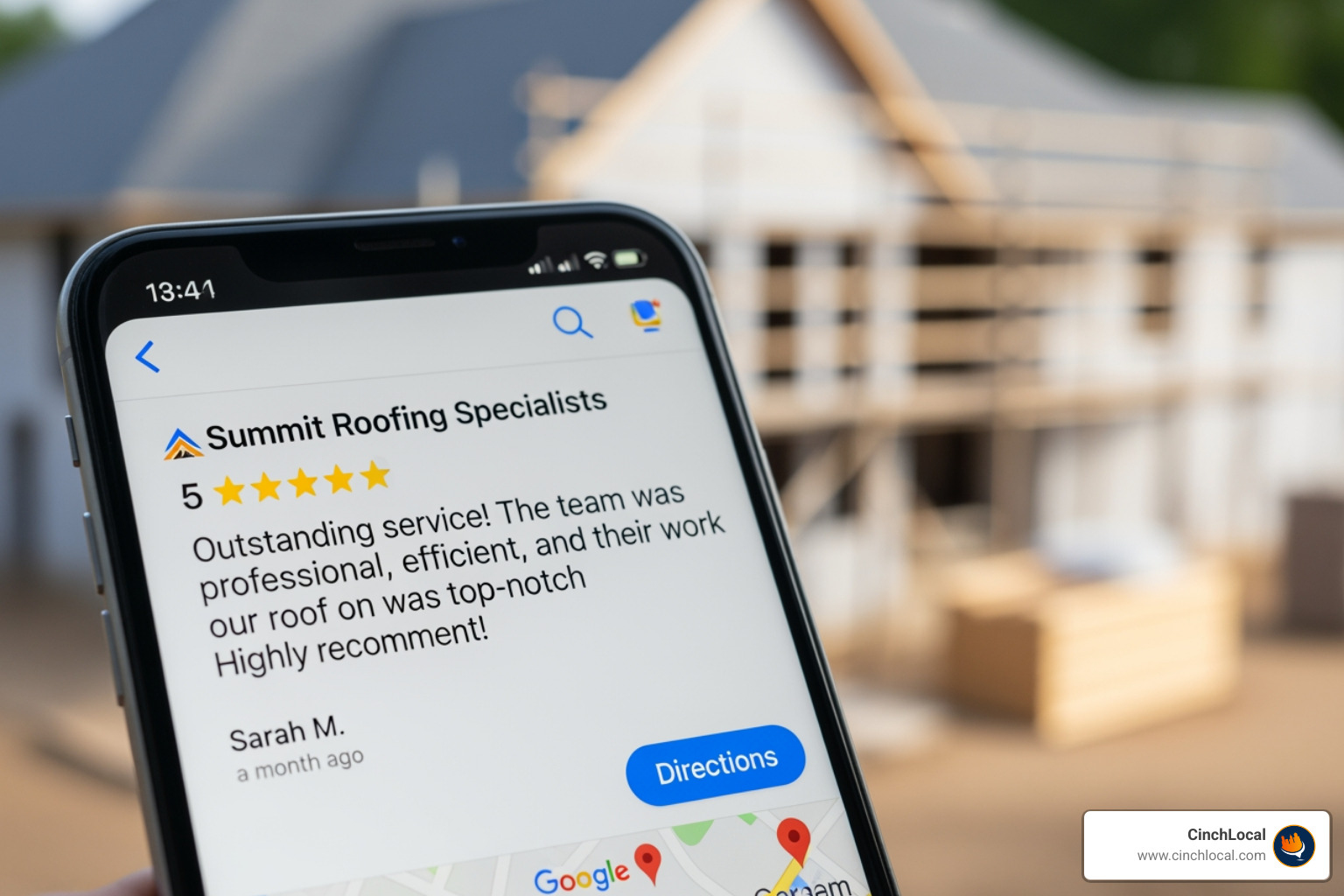 5-star Google review for a roofing company - google local search ranking