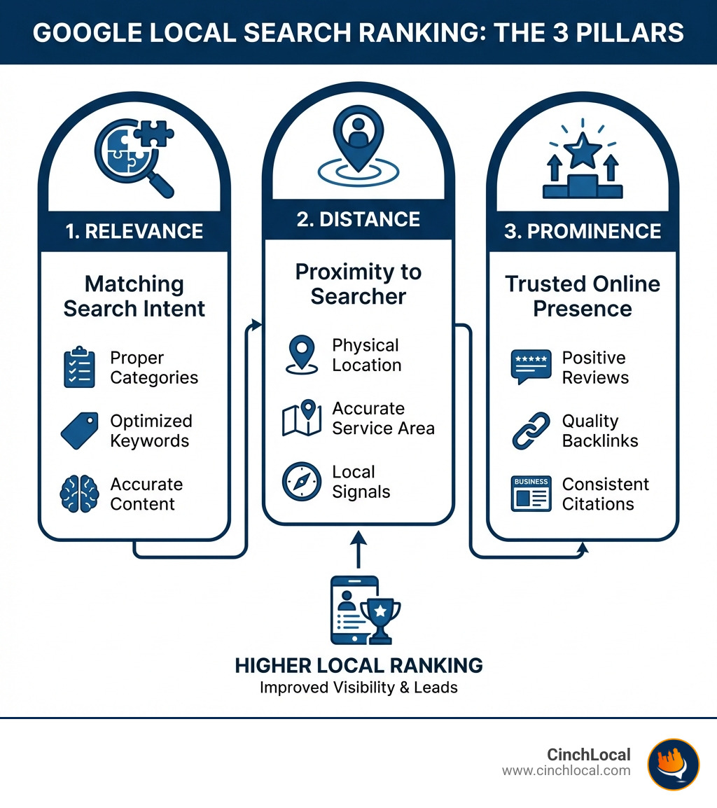 Infographic showing the three pillars of Google local search ranking: Relevance (matching search intent with proper categories and keywords), Distance (proximity to searcher and accurate service area setup), and Prominence (built through reviews, backlinks, and citations) - google local search ranking infographic 