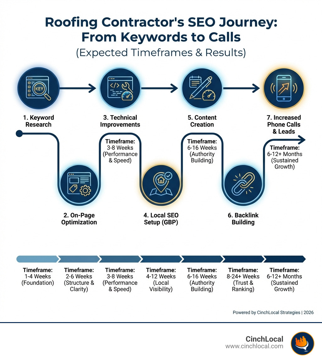 Step-by-step SEO process infographic showing the journey from keyword research to increased phone calls, including on-page optimization, local SEO setup, content creation, backlink building, and technical improvements, with each step connected by arrows and showing expected timeframes for results - improve seo of website infographic 