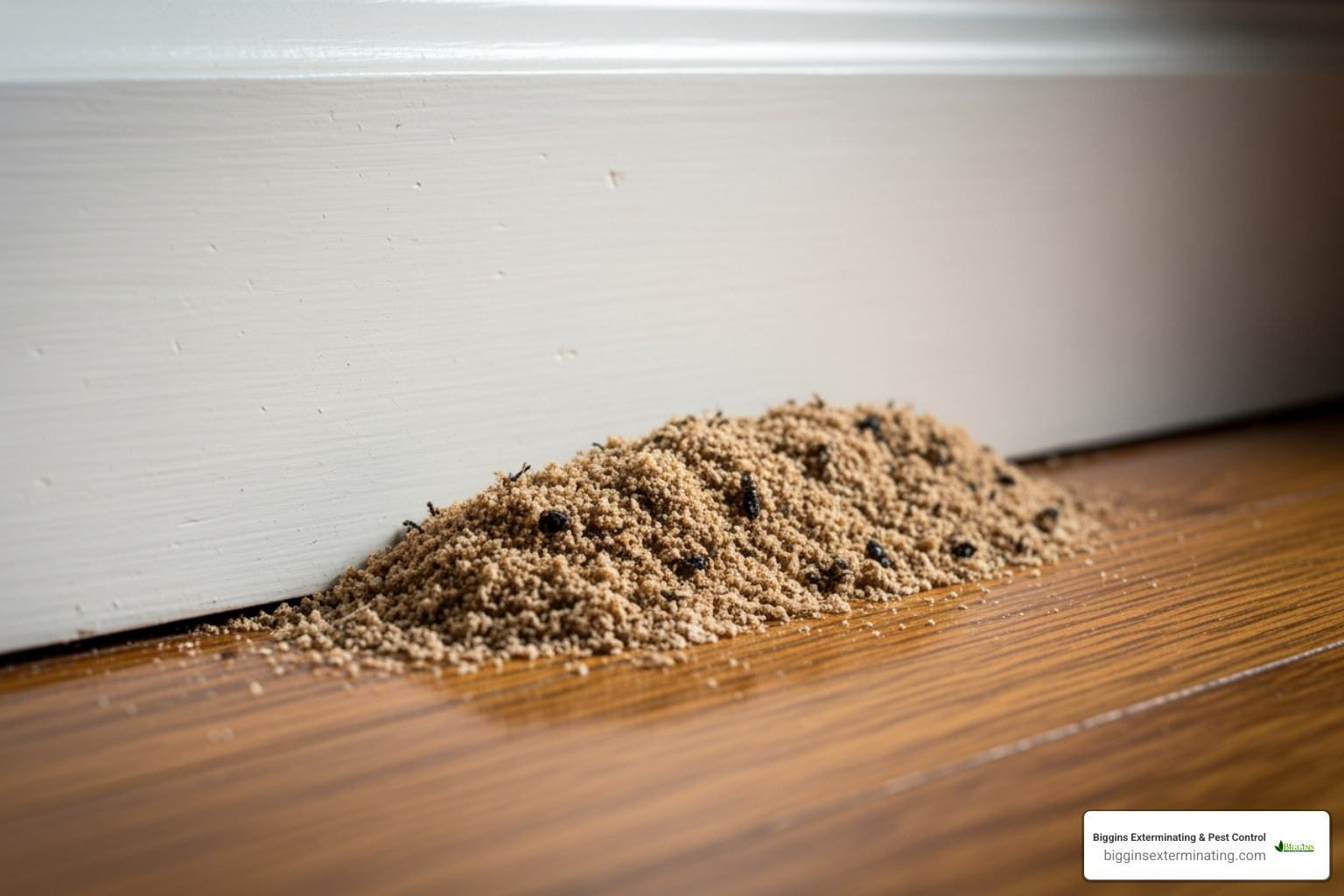 carpenter ant frass (sawdust) next to a baseboard - carpenter ant control Bedford