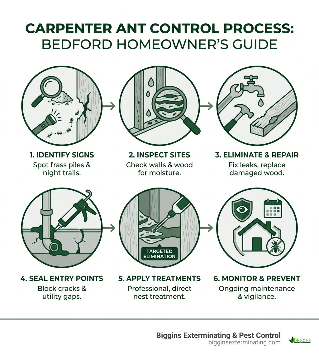 Infographic showing step-by-step carpenter ant control process: 1) Identify signs like sawdust piles and night-time ant trails, 2) Inspect for moisture damage and nesting sites in walls and wood, 3) Eliminate water sources and repair damaged wood, 4) Seal entry points around foundation and utilities, 5) Apply professional treatments directly to nests, 6) Monitor and prevent future infestations with ongoing maintenance - carpenter ant control Bedford infographic 