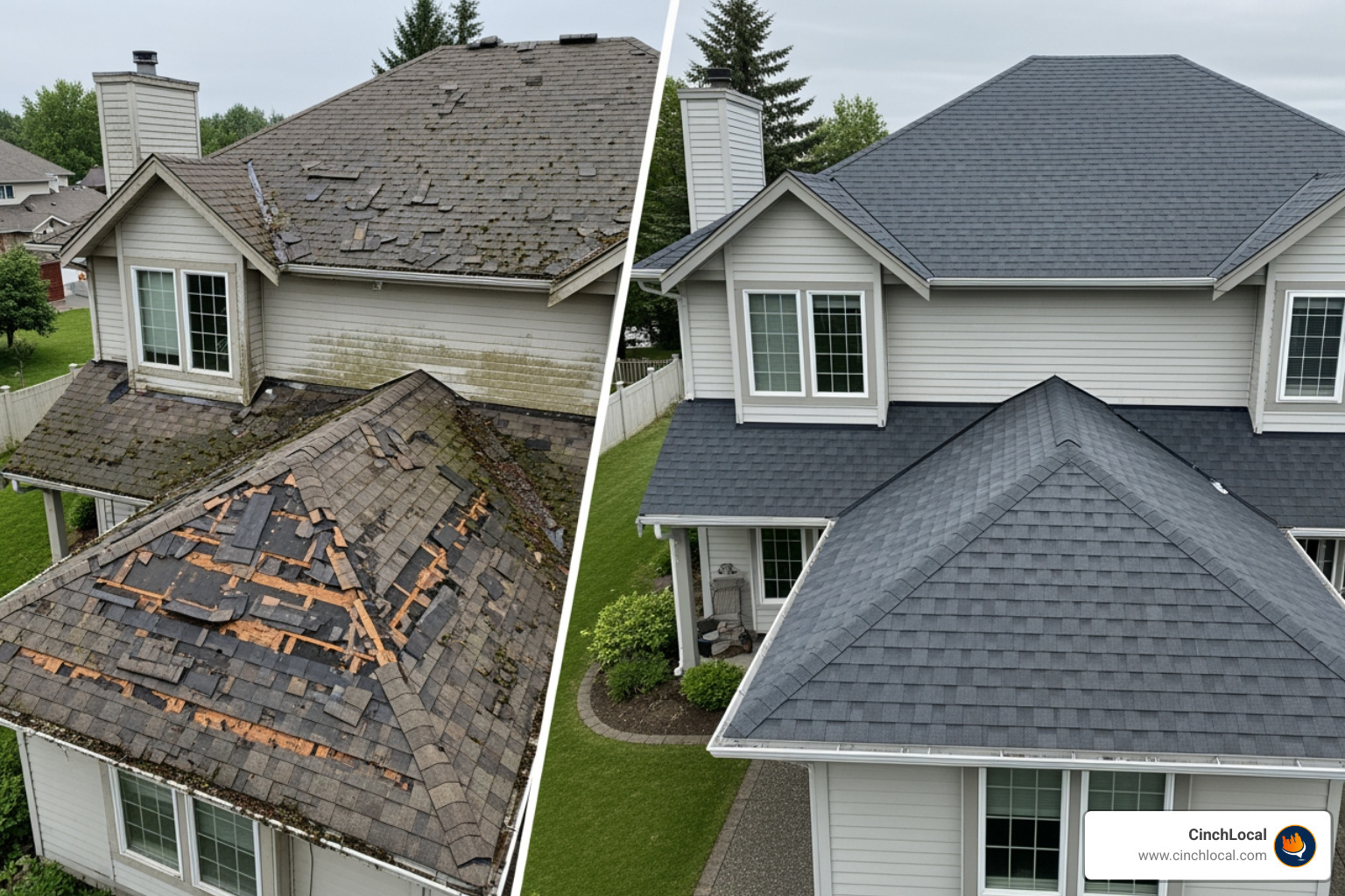 Before-and-after photo of a roofing project on a Google Business Profile. - improve google maps ranking