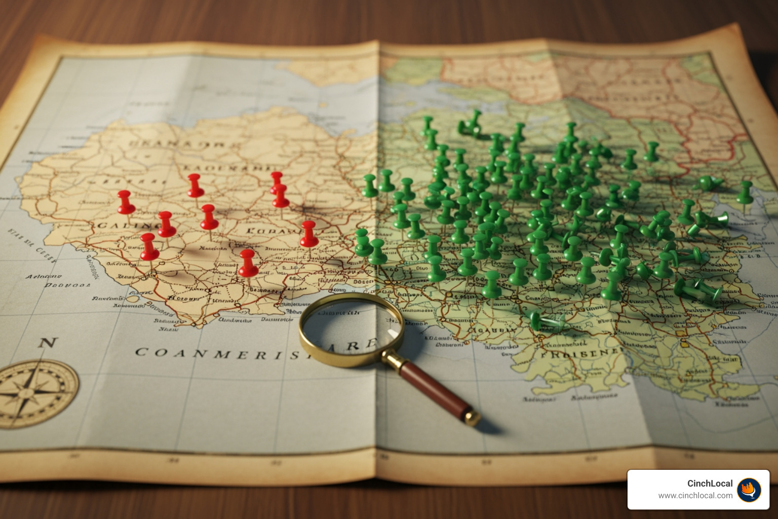 Map showing a focused selection of 5-10 key cities versus a cluttered map with 100+ pins. - city landing pages seo