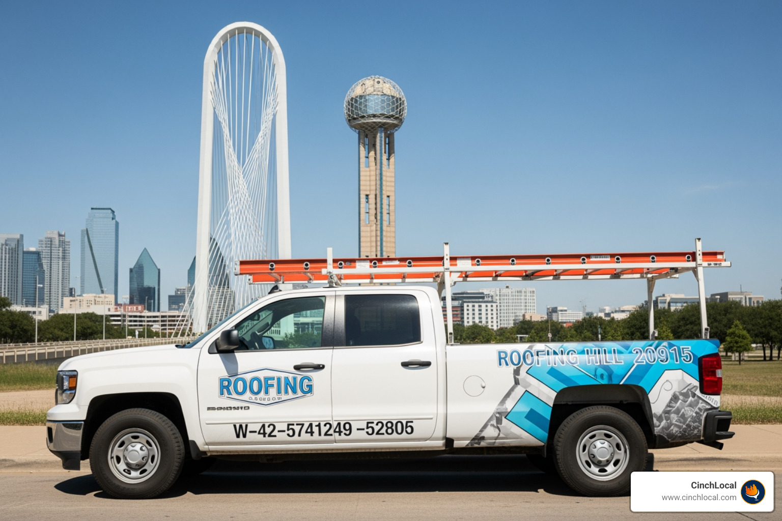 Roofing company truck parked in front of a recognizable Dallas landmark. - city landing pages seo