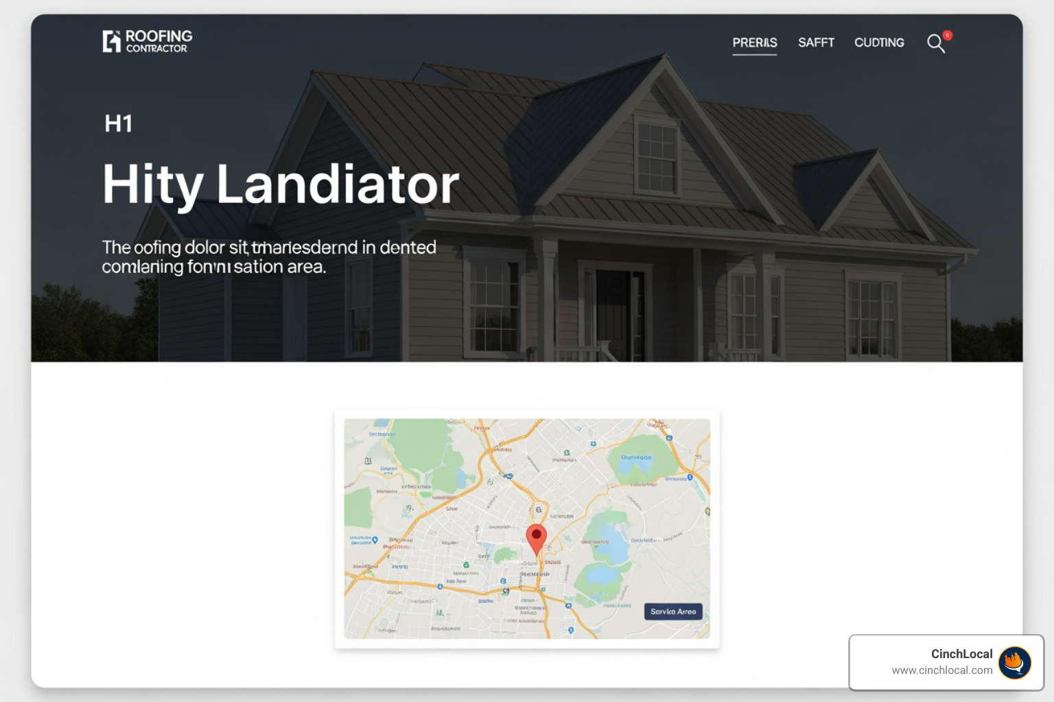 Optimized city landing page layout for a roofing contractor, highlighting H1, intro paragraph, and embedded map. - city landing pages seo