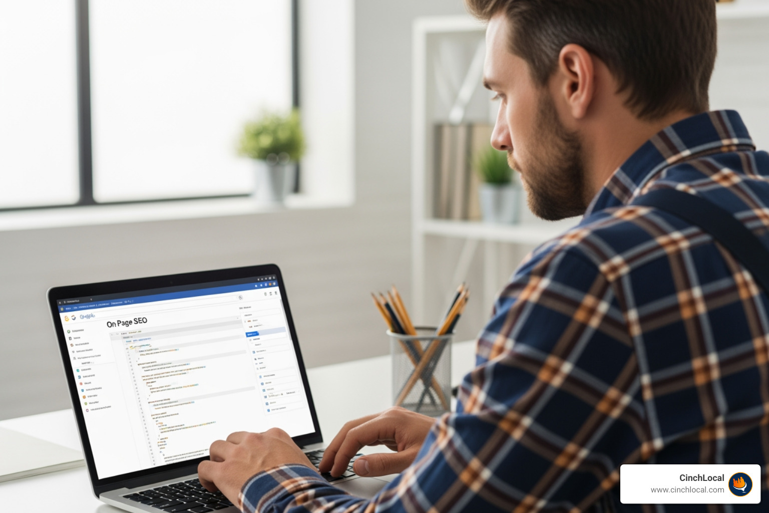 A contractor on a laptop analyzing a website's on-page SEO elements - increase local seo A contractor on a laptop analyzing a website's on-page SEO elements - increase local seo