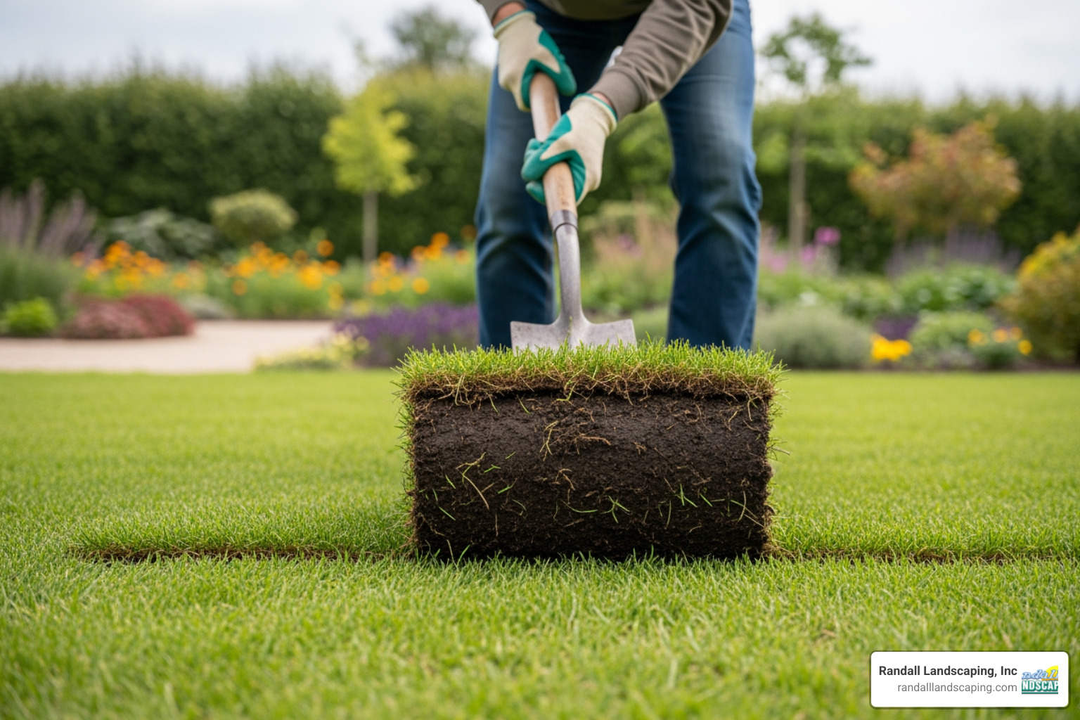 person using a spade to cut and remove a section of sod - creating mulch beds