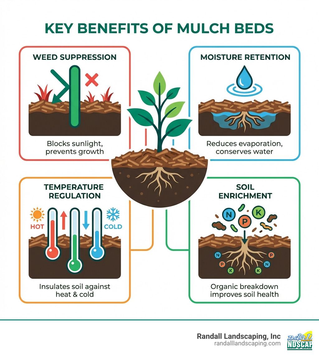 infographic showing four key benefits of mulch beds: weed suppression with barrier icon, moisture retention with water droplet, temperature regulation with thermometer showing hot and cold, and soil enrichment with nutrient symbols - creating mulch beds infographic 