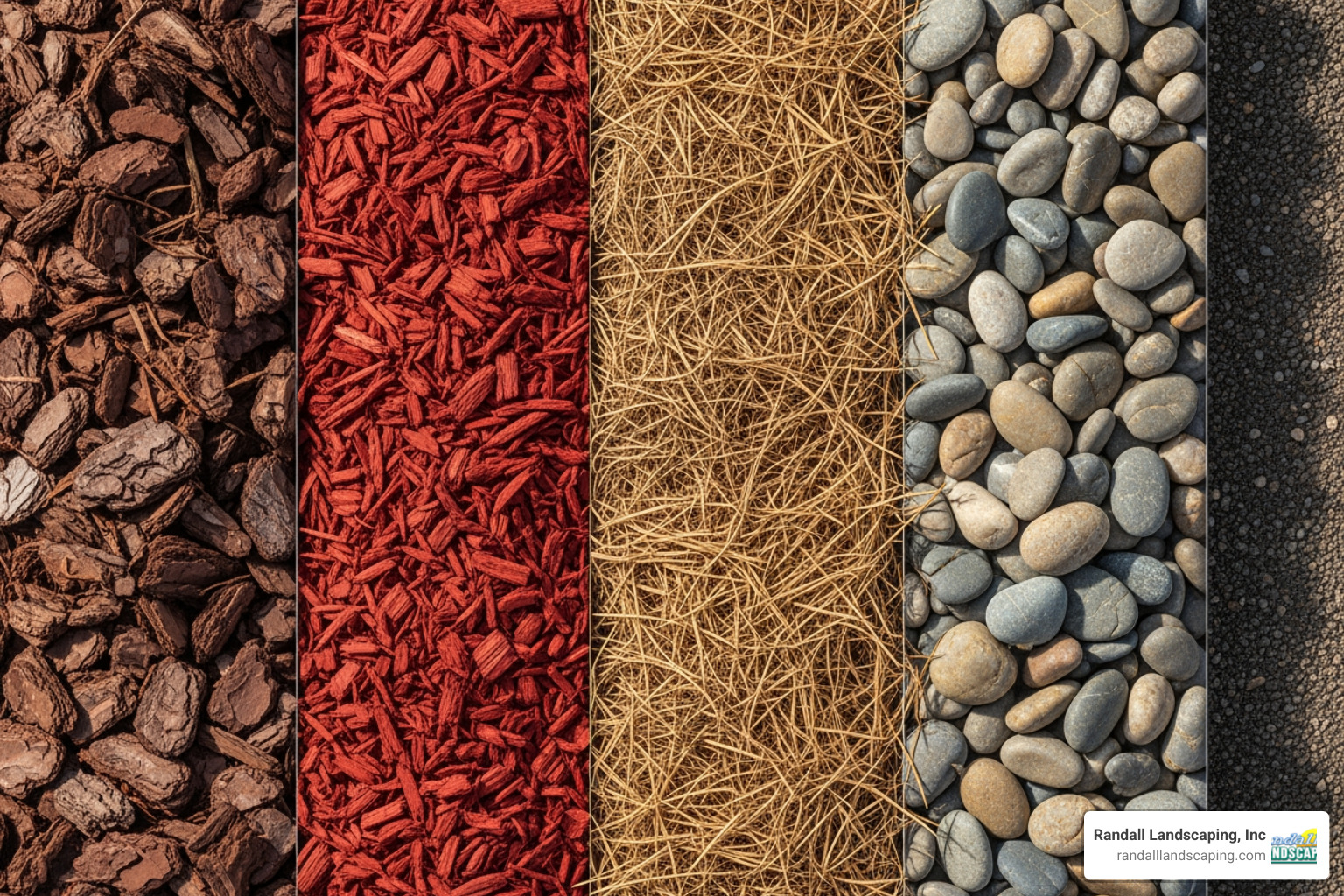 different mulch types side-by-side (bark, colored wood chips, pine straw, river rock) - creating mulch beds