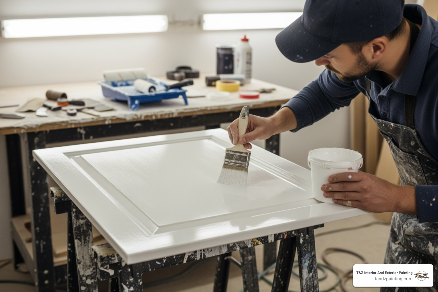 professional painter applying semi-gloss paint to a cabinet door - semi gloss cabinet paint professional painter applying semi-gloss paint to a cabinet door - semi gloss cabinet paint