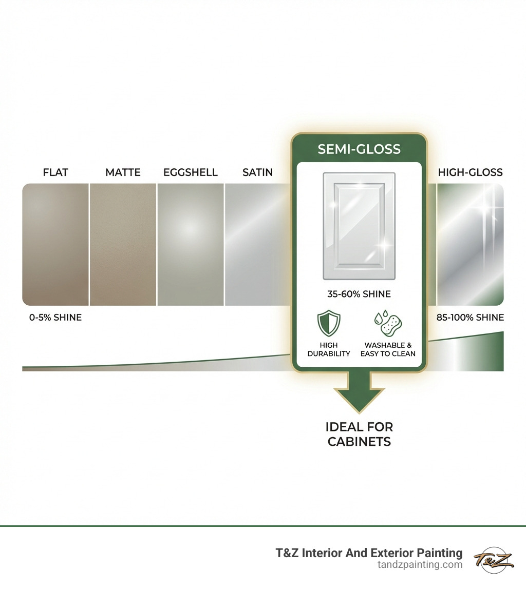 infographic showing paint sheen spectrum from flat (0-5% shine) through matte, eggshell, satin, semi-gloss (35-60% shine), to high-gloss (85-100% shine), with semi-gloss highlighted as ideal for cabinets due to durability and washability - semi gloss cabinet paint infographic infographic showing paint sheen spectrum from flat (0-5% shine) through matte, eggshell, satin, semi-gloss (35-60% shine), to high-gloss (85-100% shine), with semi-gloss highlighted as ideal for cabinets due to durability and washability - semi gloss cabinet paint infographic