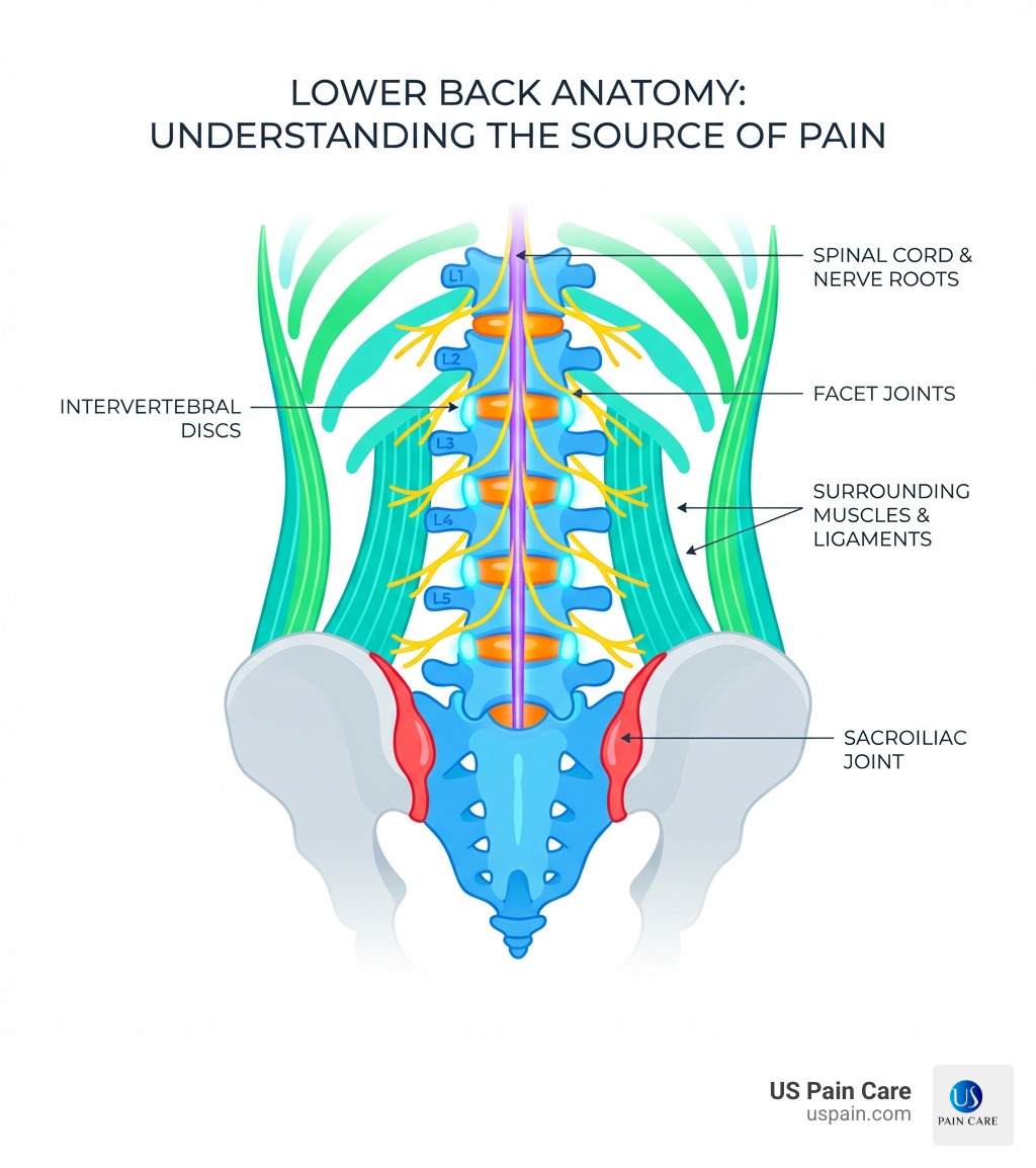 infographic showing the anatomy of the lower back including labeled vertebrae, intervertebral discs, spinal cord and nerve roots, facet joints, surrounding muscles and ligaments, and the sacroiliac joint - sudden sharp pain in lower back when bending over treatment infographic 