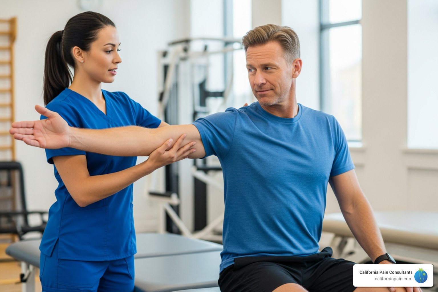 physical therapist guiding a patient through gentle shoulder stretches - Bursitis pain treatment