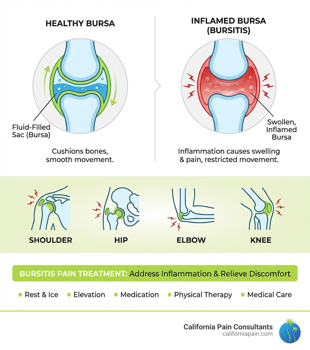 infographic showing cross-section of a healthy bursa versus an inflamed bursa with labels indicating the fluid-filled sac cushioning bones and how inflammation causes swelling and pain, plus icons showing common affected joints like shoulder, hip, elbow, and knee - Bursitis pain treatment infographic 
