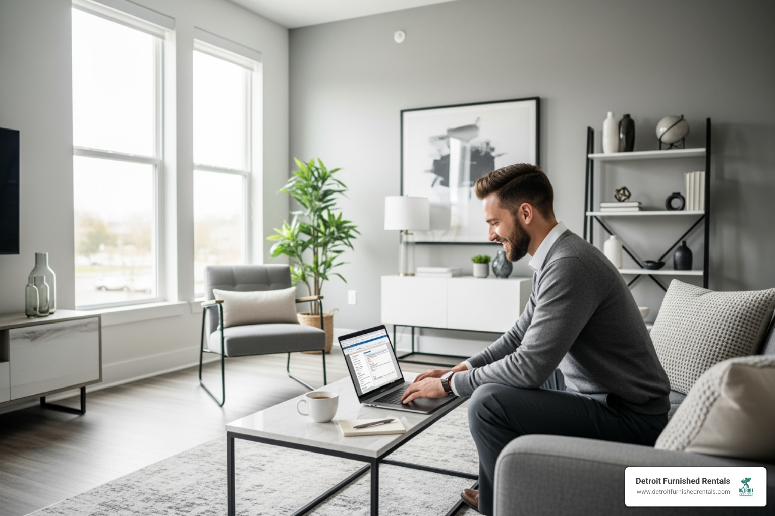 happy employee working comfortably on a laptop in a well-lit corporate apartment living room - company housing happy employee working comfortably on a laptop in a well-lit corporate apartment living room - company housing