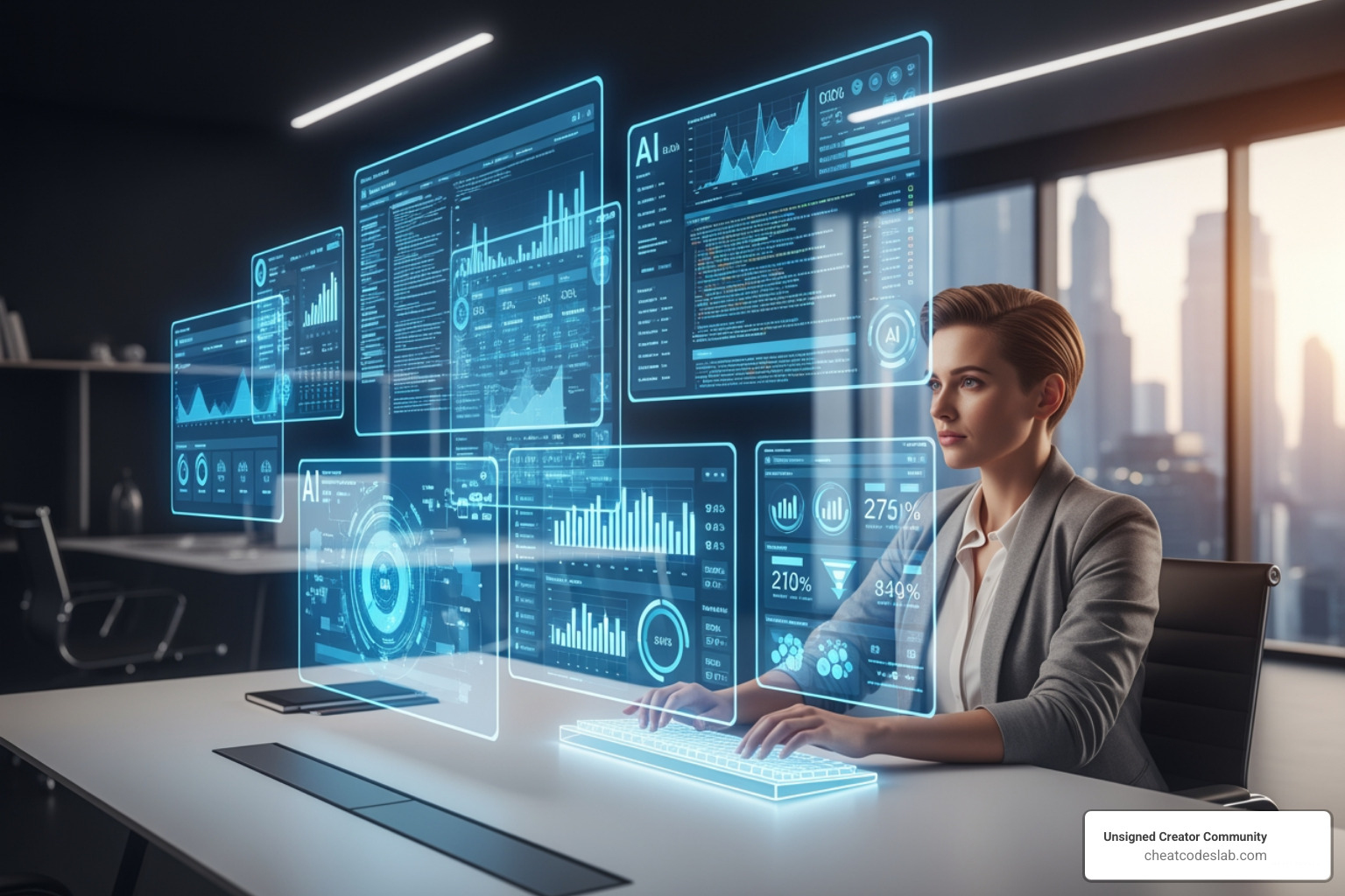 marketer at a desk surrounded by holographic screens showing different AI tool interfaces - ai software for digital marketing