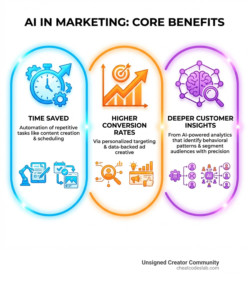Infographic showing three core benefits of AI in marketing: Time Saved through automation of repetitive tasks like content creation and scheduling, Higher Conversion Rates via personalized targeting and data-backed ad creative, and Deeper Customer Insights from AI-powered analytics that identify behavioral patterns and segment audiences with precision - ai software for digital marketing infographic 