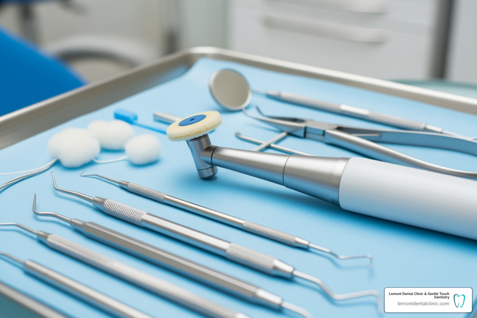 Image of common dental cleaning tools like a scaler and polisher - professional teeth cleaning