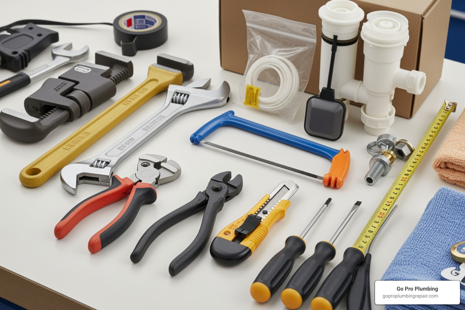 tools and a new fill valve kit laid out - changing a toilet float valve
