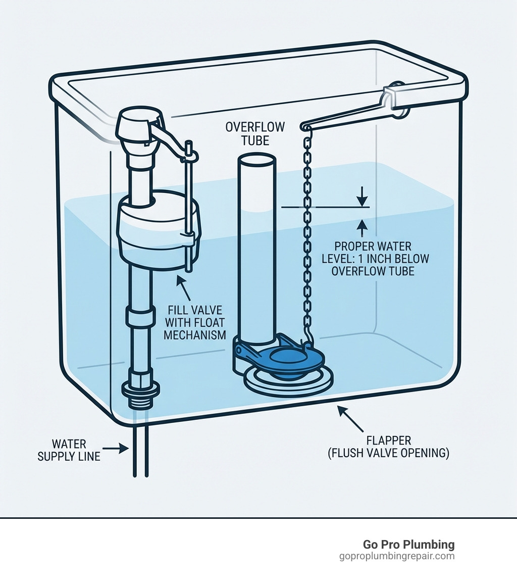 Infographic showing the main parts of a toilet tank including the fill valve with float mechanism at the left side, the overflow tube in the center standing tall, the flapper at the bottom covering the flush valve opening, and the water supply line entering from below, with labels and arrows indicating proper water level should be 1 inch below the overflow tube - changing a toilet float valve infographic 