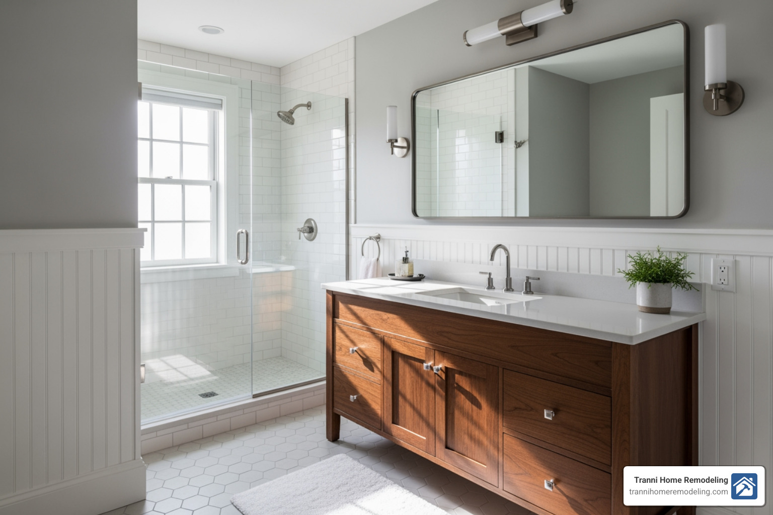 A beautifully renovated bathroom in an older Massachusetts home, featuring classic wainscoting, a modern vanity, and a sleek walk-in shower, blending historical charm with contemporary comfort. - Bathroom remodeling MA A beautifully renovated bathroom in an older Massachusetts home, featuring classic wainscoting, a modern vanity, and a sleek walk-in shower, blending historical charm with contemporary comfort. - Bathroom remodeling MA