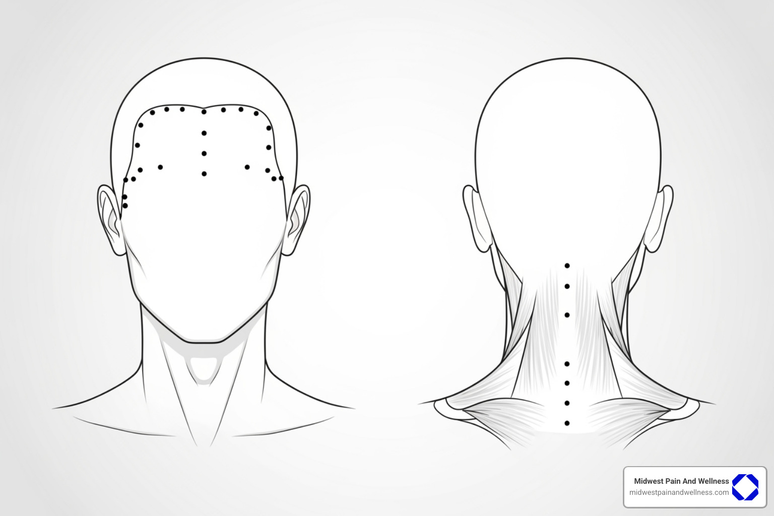 Diagram showing 31 specific injection points for Botox migraine treatment across the forehead, temples, back of the head, neck, and shoulders. - botox for migraines oak lawn