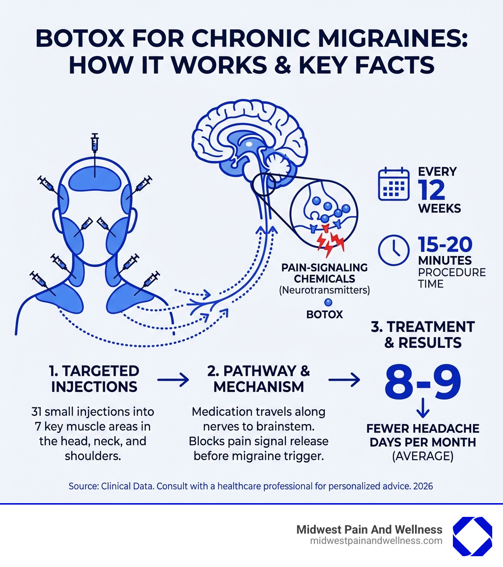 Infographic showing how Botox for migraines works: Botox is injected into 7 key muscle areas in the head, neck, and shoulders. The medication travels along nerve pathways toward the brainstem, where it blocks the release of pain-signaling chemicals (neurotransmitters) before they can trigger migraine pain. Treatment involves 31 small injections administered every 12 weeks, resulting in an average of 8-9 fewer headache days per month compared to placebo. - botox for migraines oak lawn infographic 